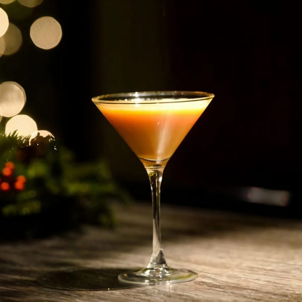 A martini glass filled with an amber drink, illuminated by soft lights and festive greenery.