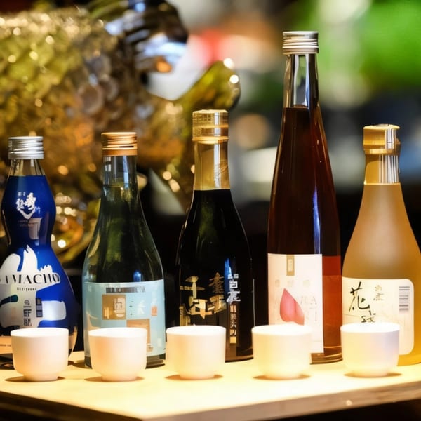 Five bottles of sake and five small white cups arranged on a wooden surface.