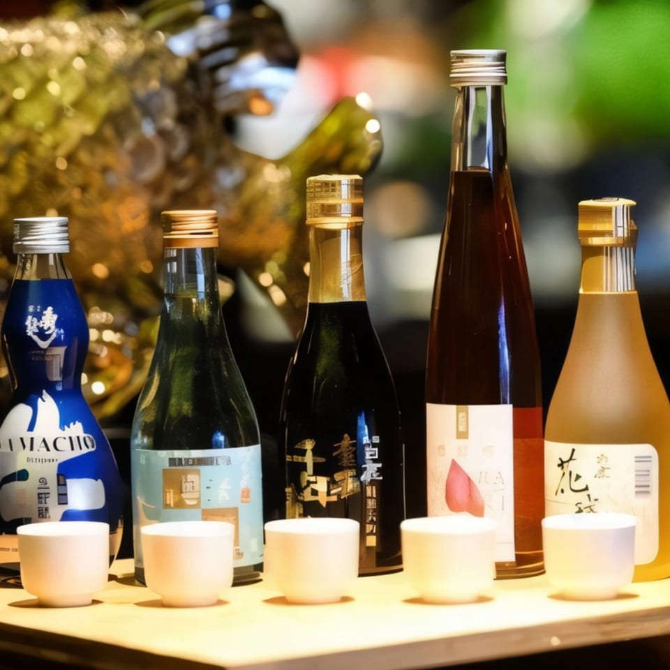 Five bottles of sake and five small white cups arranged on a wooden surface.